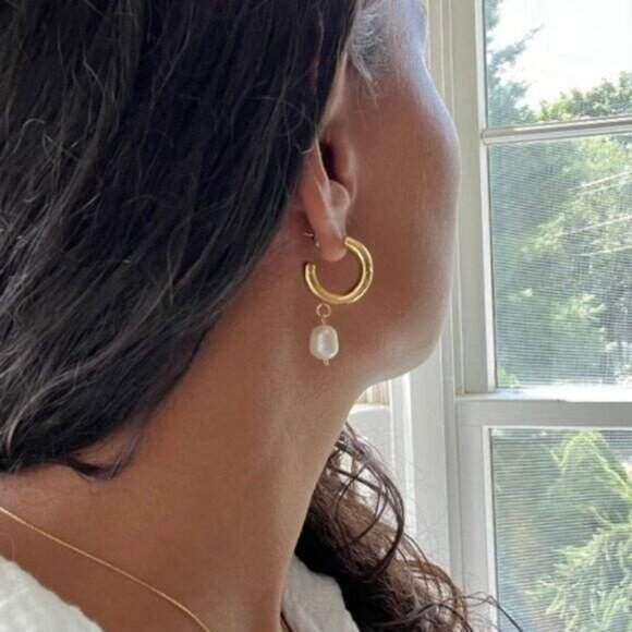 Dangle Pearl Earrings Gold Chunky hoop w/dangle Pearl Waterproof Gold Hoops CUTE - Picture 4 of 12